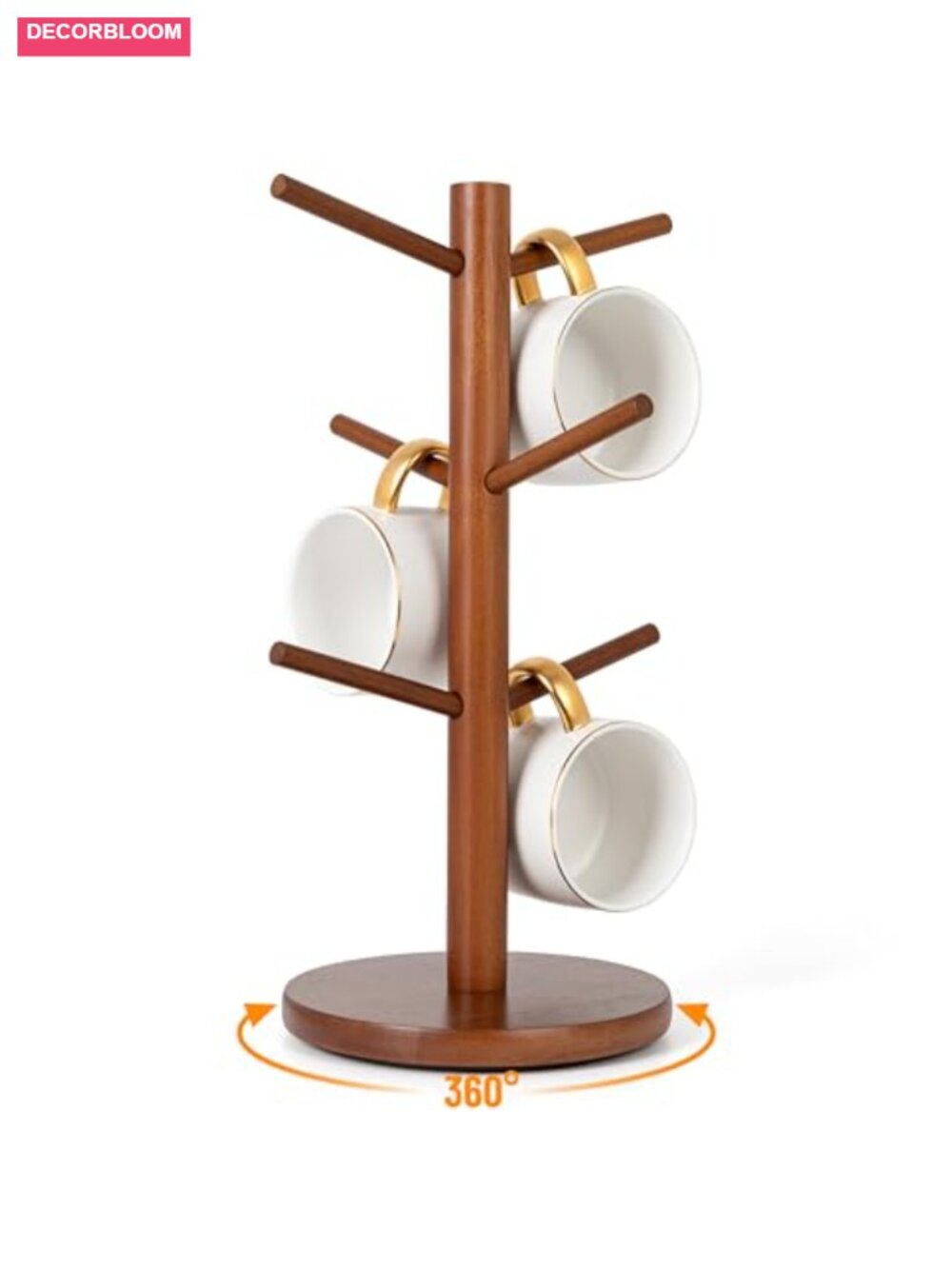 360° Rotating 6 Hook Wooden Mug Holder Tree
